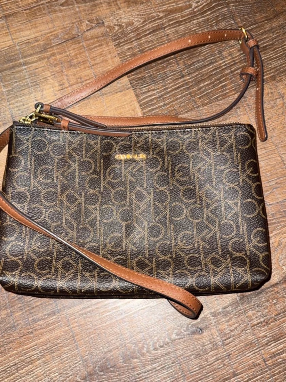 Calvin Klein Brown Monogram Crossbody with Tan Strap